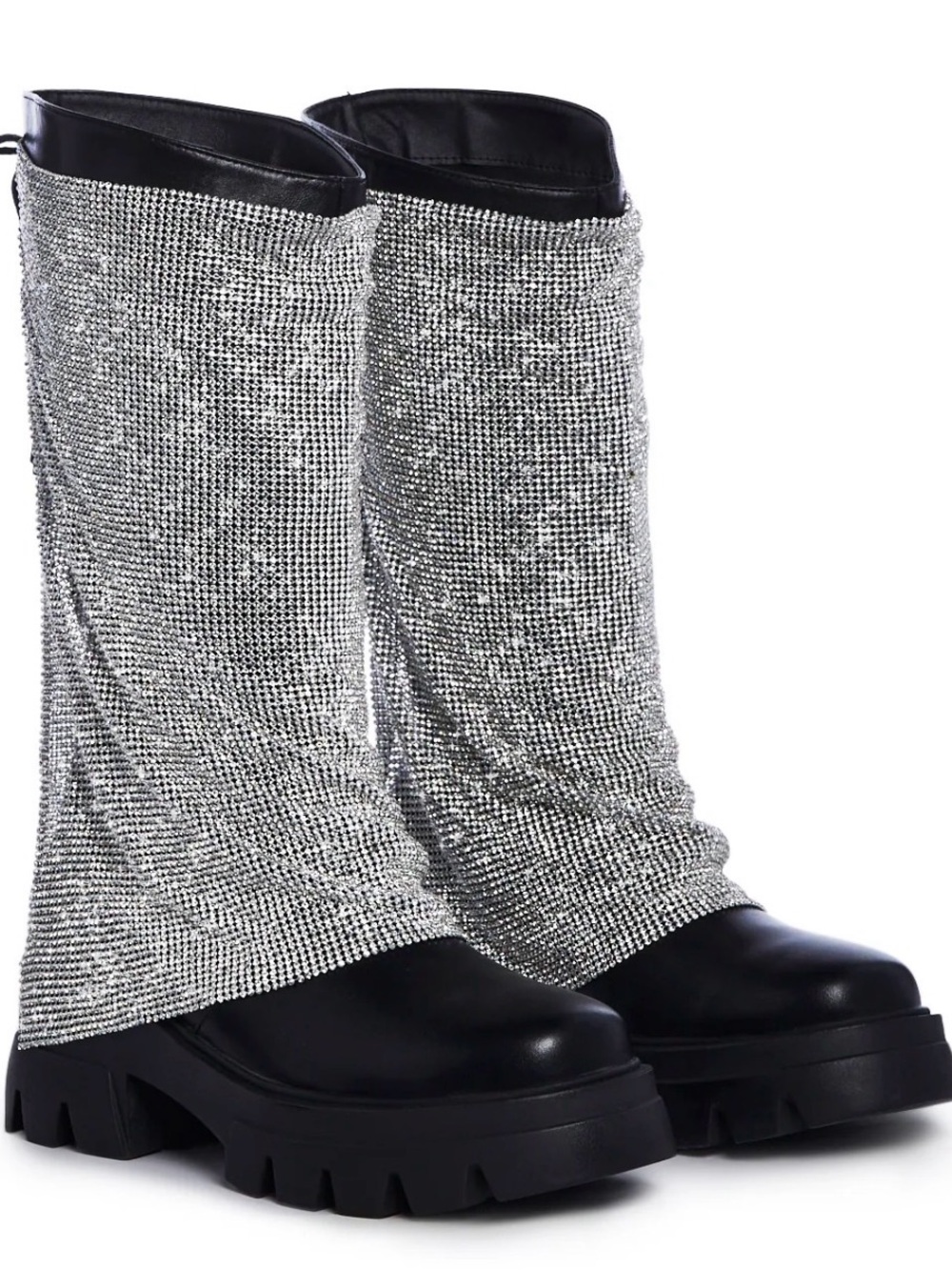 Chunky Black Platform Boots with Silver Rhinestone Shaft